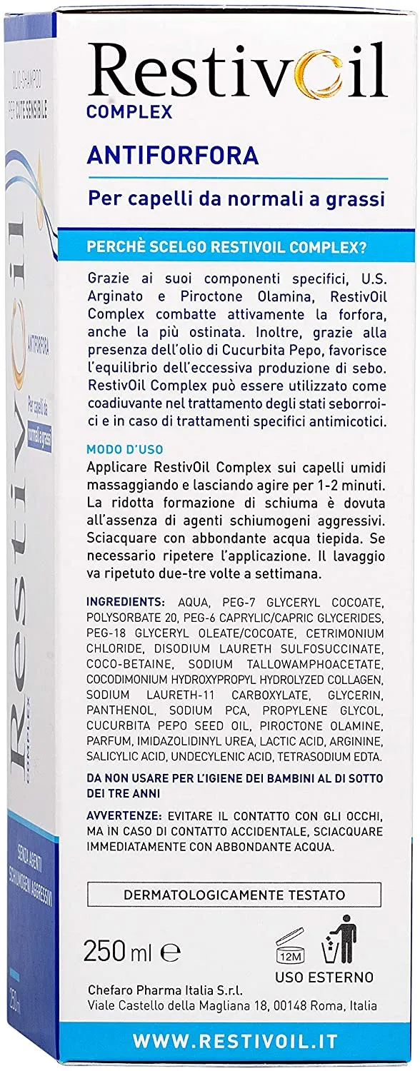 RestivOil Complex Shampoo Antiforfora per Capelli da Normali a Grassi, Olio Fisiologico con Azione Antiseborroica e Anti Prurito, 250 ml