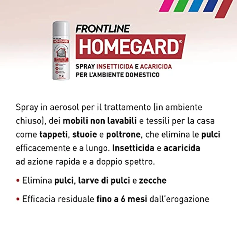 Frontline Homegard Spray Insetticida, Antipulci per Ambienti ad Azione Rapida, Protegge Mobili e Tessili di Casa, Elimina Pulci, Zecche, Uova e Larve fino a 6 mesi, Formato 250 ml