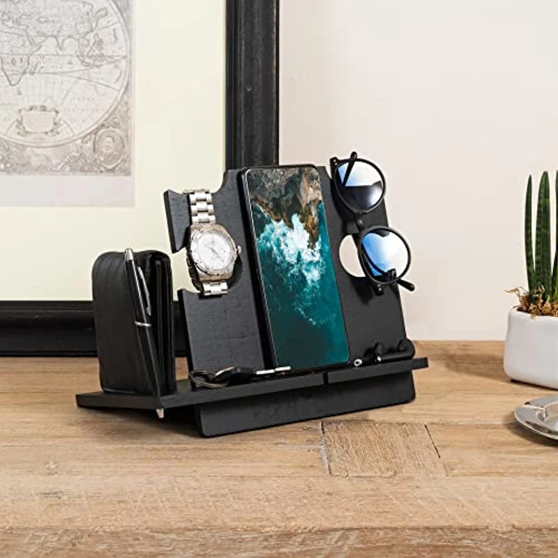 LAC Docking Station per Cellulare in Legno | Idee Regalo Compleanno Uomo | Regali di Natale Originale Lui | Svuotatasche Portaoggetti Orologio | Festa del Papà Anniversario Marito Fidanzato Fratello