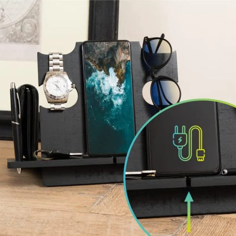 LAC Docking Station per Cellulare in Legno | Idee Regalo Compleanno Uomo | Regali di Natale Originale Lui | Svuotatasche Portaoggetti Orologio | Festa del Papà Anniversario Marito Fidanzato Fratello