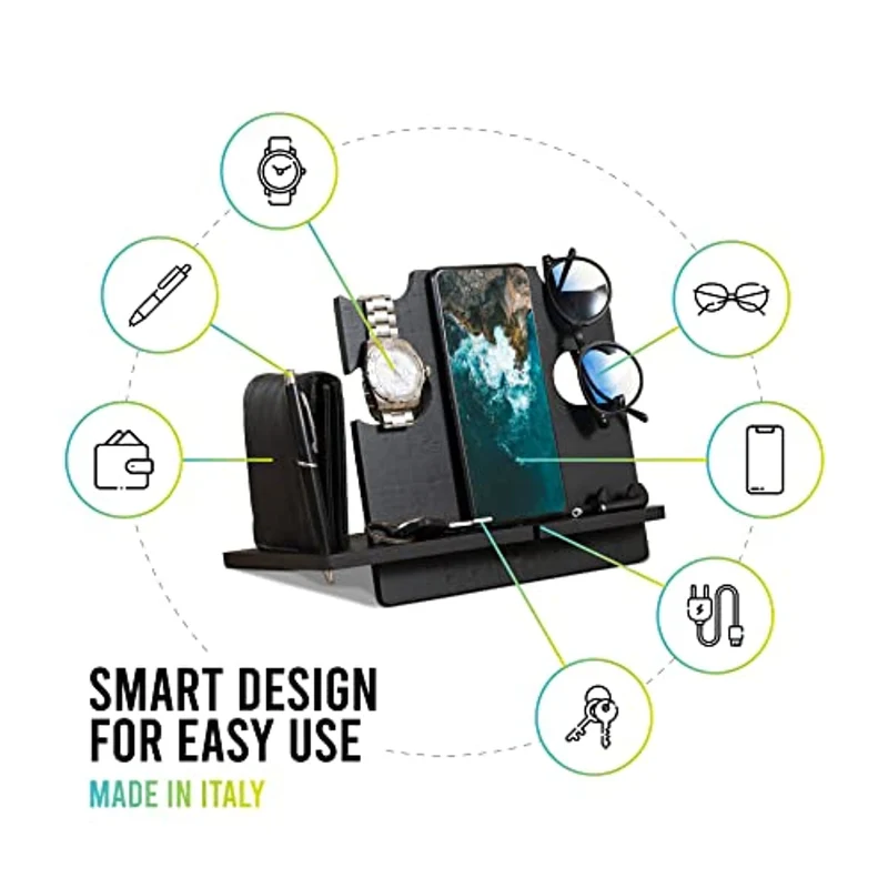 LAC Docking Station per Cellulare in Legno | Idee Regalo Compleanno Uomo | Regali di Natale Originale Lui | Svuotatasche Portaoggetti Orologio | Festa del Papà Anniversario Marito Fidanzato Fratello