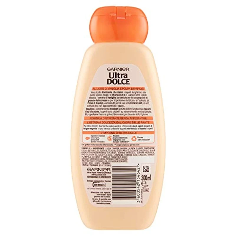 Garnier Ultra Dolce Shampoo 2 in 1 Latte di Vaniglia e Polpa di Papaya, 300ml