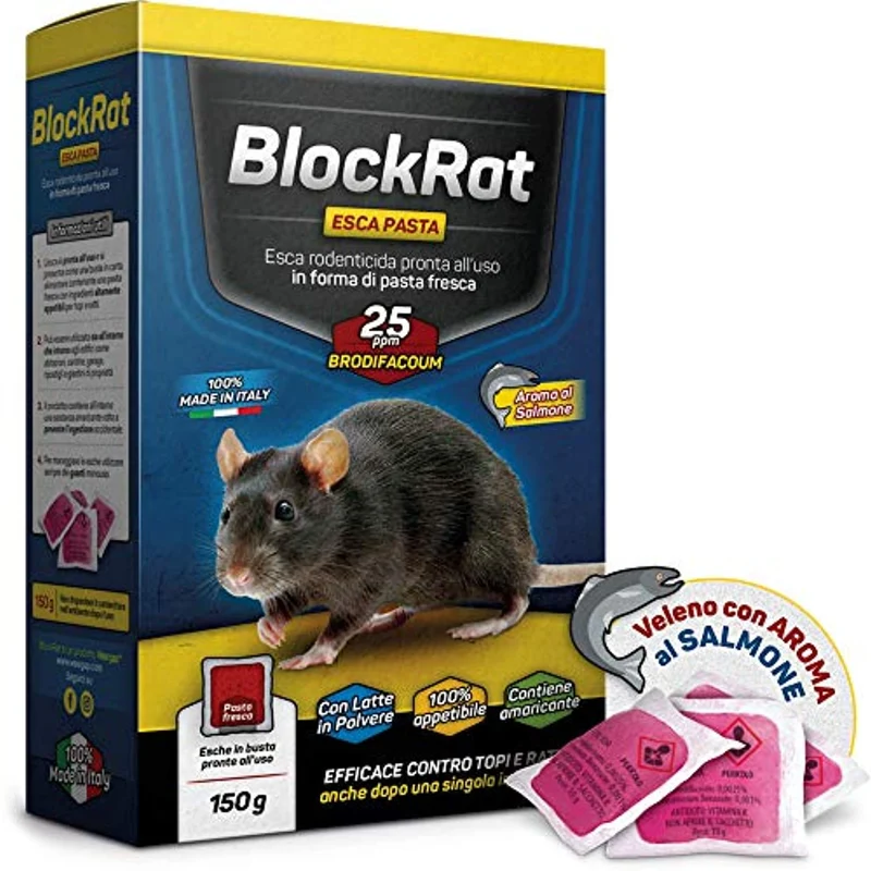 Veleno per Topi Professionale, Esca Topicida Ratticida in Bustine di Pasta Fresca, Novità 2021 Aroma al Salmone, Rodenticida Potente Rosso, Uso Esterno ed Interno, 100% Made in Italy - BlockRat 150 g