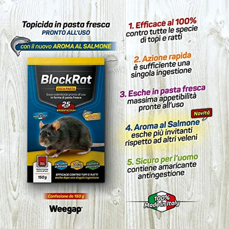 Veleno per Topi Professionale, Esca Topicida Ratticida in Bustine di Pasta Fresca, Novità 2021 Aroma al Salmone, Rodenticida Potente Rosso, Uso Esterno ed Interno, 100% Made in Italy - BlockRat 150 g