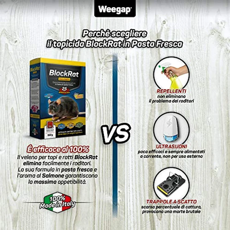 Veleno per Topi Professionale, Esca Topicida Ratticida in Bustine di Pasta Fresca, Novità 2021 Aroma al Salmone, Rodenticida Potente Rosso, Uso Esterno ed Interno, 100% Made in Italy - BlockRat 150 g
