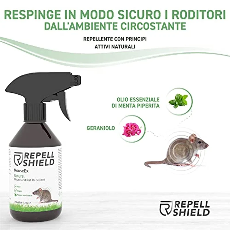 RepellShield Spray Repellente Topi Organico a Base di Menta Piperita - Dissuasore per Topi, Allontana Topi e Ratti - Alternativa Bio al Veleno Topi e Trappole per Topi da Esterno e Interno, 250 ml