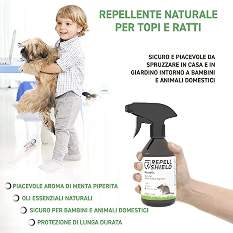 RepellShield Spray Repellente Topi Organico a Base di Menta Piperita - Dissuasore per Topi, Allontana Topi e Ratti - Alternativa Bio al Veleno Topi e Trappole per Topi da Esterno e Interno, 250 ml