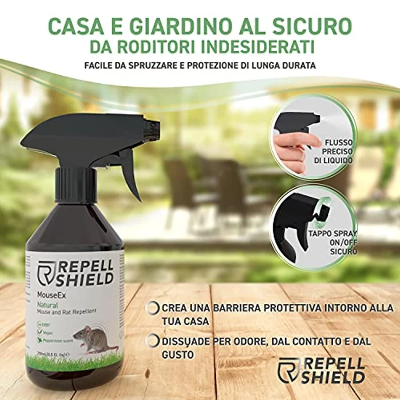 RepellShield Spray Repellente Topi Organico a Base di Menta Piperita - Dissuasore per Topi, Allontana Topi e Ratti - Alternativa Bio al Veleno Topi e Trappole per Topi da Esterno e Interno, 250 ml