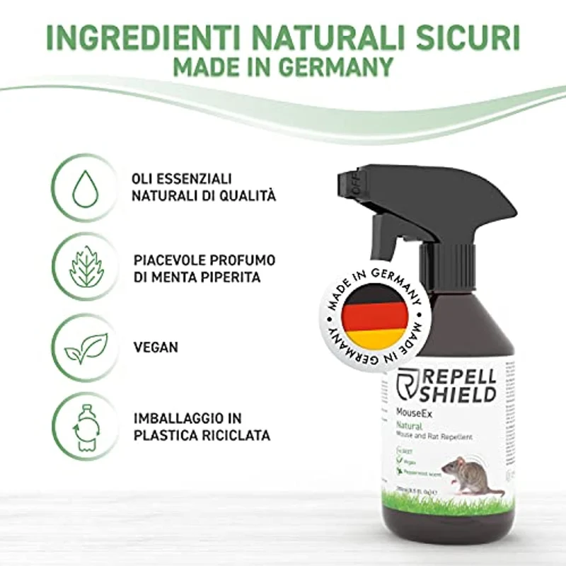 RepellShield Spray Repellente Topi Organico a Base di Menta Piperita - Dissuasore per Topi, Allontana Topi e Ratti - Alternativa Bio al Veleno Topi e Trappole per Topi da Esterno e Interno, 250 ml