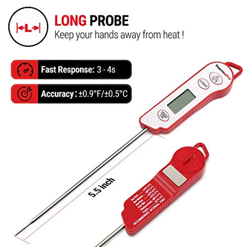ThermoPro TP15 Termometro Cucina Impermeabile con Sonda Lunga Termometro Digitale Professionale da Lettura Istantaneo per Alimenti Liquidi Latte Carne Barbecue Cibo Dolci Olio Vino con Calibrazione
