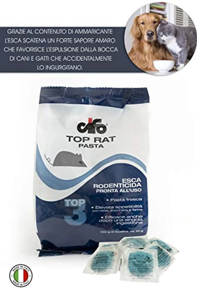CIFO Veleno per Topi e Ratti, Esca Ratticida e Topicida in Buste Potente e Appetibile, Aroma Zuccherina,Latte e Farina per Interno, Esterno e Casa, con Amaricante per Bambini e Animali Domestici.
