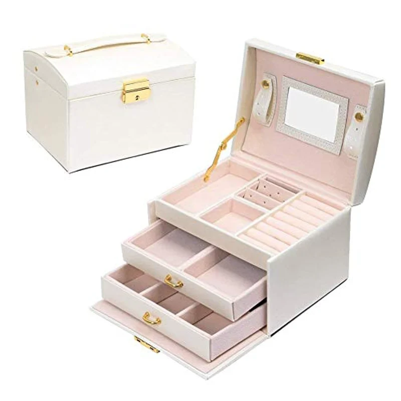Scatola di Gioielli Set Scatola Porta Gioielli Beauty Case di immagazzinaggio di immagazzinaggio di cosmetico a Tre Strati con Specchio e Serratura,Scatola con Specchio Scatola anello,Regalo Femminile