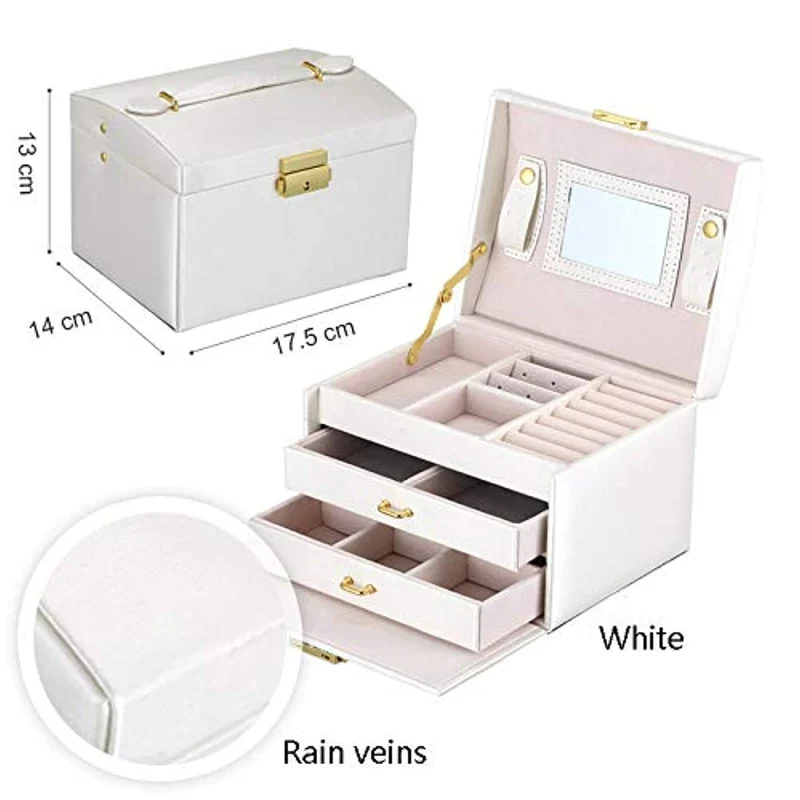 Scatola di Gioielli Set Scatola Porta Gioielli Beauty Case di immagazzinaggio di immagazzinaggio di cosmetico a Tre Strati con Specchio e Serratura,Scatola con Specchio Scatola anello,Regalo Femminile