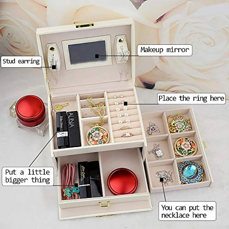 Scatola di Gioielli Set Scatola Porta Gioielli Beauty Case di immagazzinaggio di immagazzinaggio di cosmetico a Tre Strati con Specchio e Serratura,Scatola con Specchio Scatola anello,Regalo Femminile