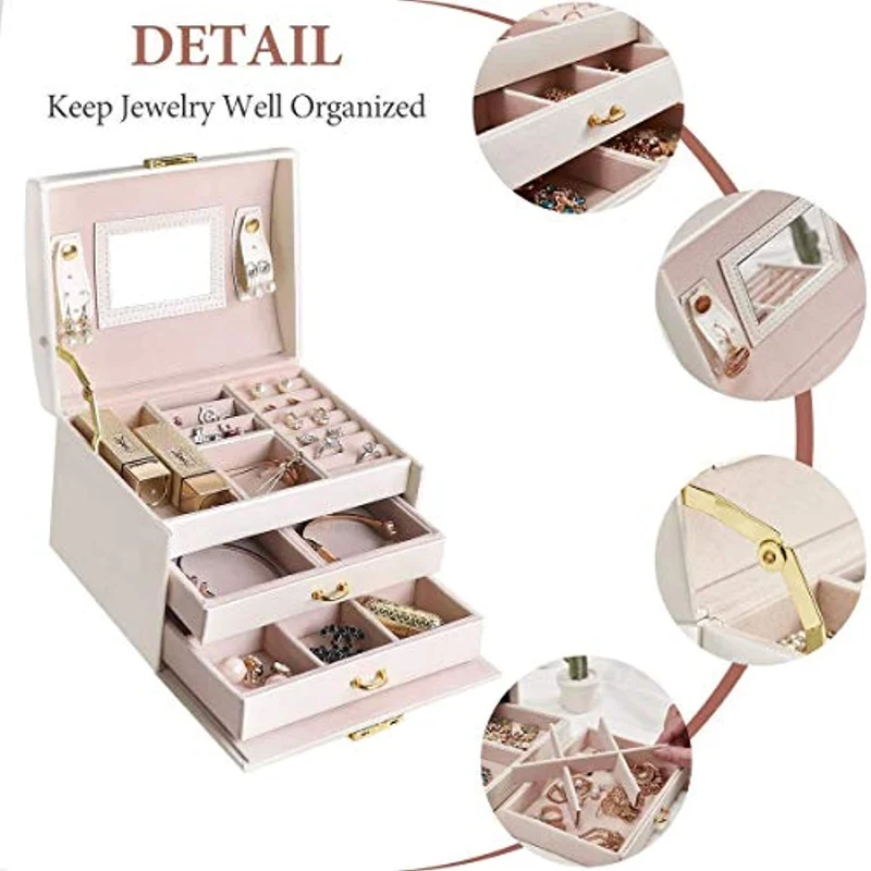 Scatola di Gioielli Set Scatola Porta Gioielli Beauty Case di immagazzinaggio di immagazzinaggio di cosmetico a Tre Strati con Specchio e Serratura,Scatola con Specchio Scatola anello,Regalo Femminile