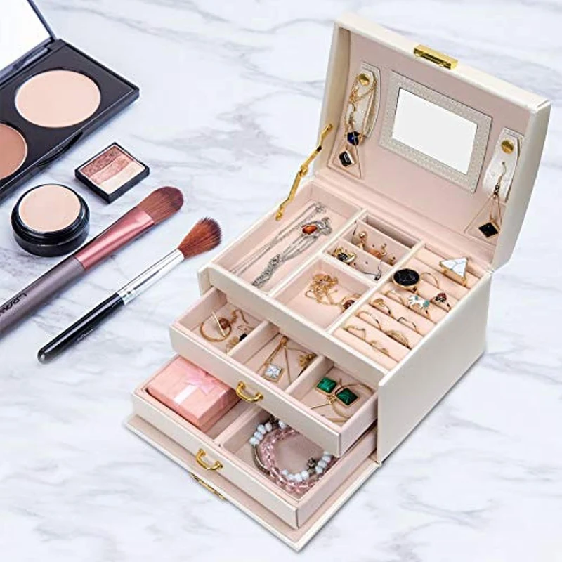 Scatola di Gioielli Set Scatola Porta Gioielli Beauty Case di immagazzinaggio di immagazzinaggio di cosmetico a Tre Strati con Specchio e Serratura,Scatola con Specchio Scatola anello,Regalo Femminile