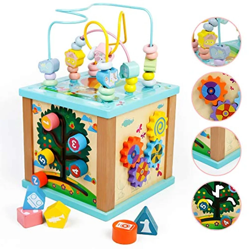 Fajiabao Cubo attività Legno Bambini Giochi in Legno 5 in 1 Giochi Montessori Educativi Gioco Montessoriano Multiattivita Tavolino Attivita Giocattolo per Bambina Regalo di Compleanno 3 4 5 Anni
