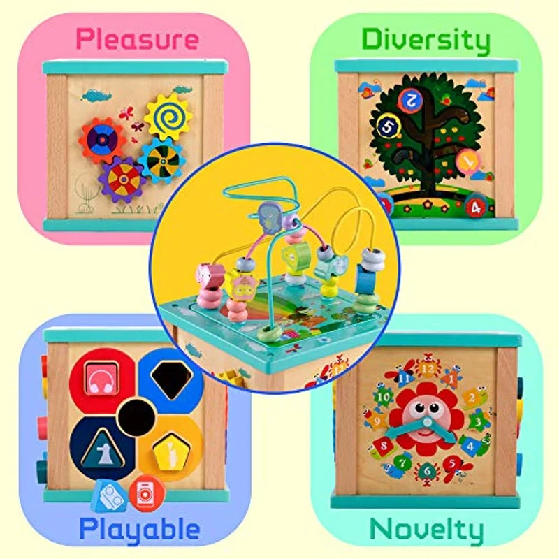 Fajiabao Cubo attività Legno Bambini Giochi in Legno 5 in 1 Giochi Montessori Educativi Gioco Montessoriano Multiattivita Tavolino Attivita Giocattolo per Bambina Regalo di Compleanno 3 4 5 Anni