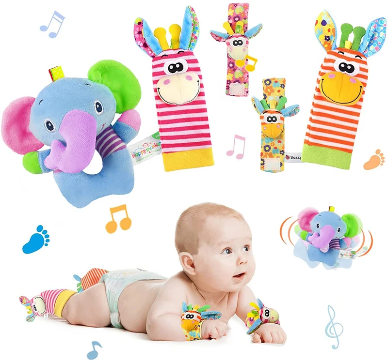 Synchain Baby Rattle Toy Neonato, 5 Pack Neonato Sonagli Calzini Polso,Simpatici Animaletti Developmental Soft Toys Bambole per Neonati 0-12 Mesi Bambini