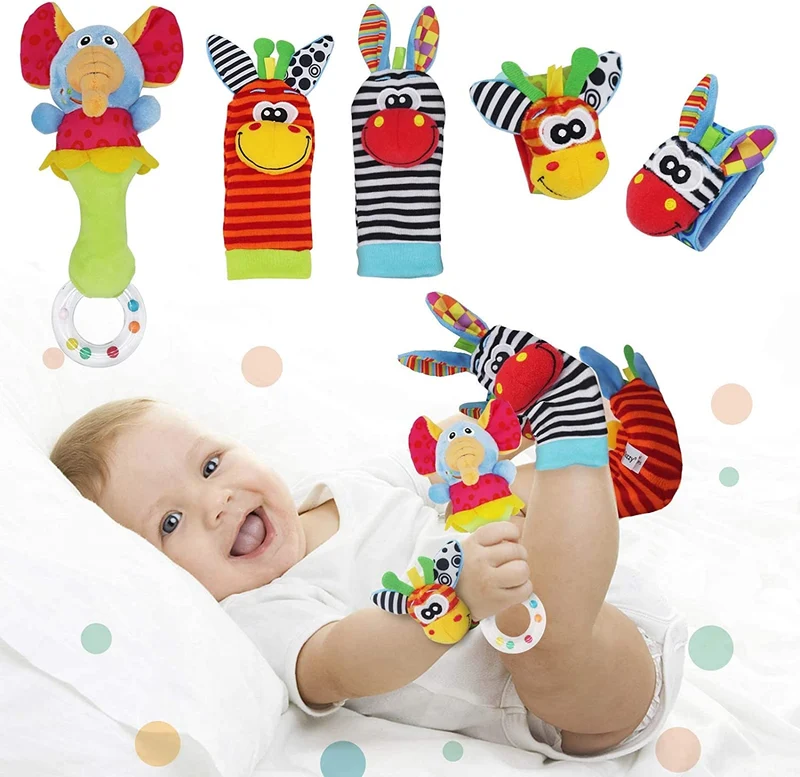 Synchain Baby Rattle Toy Neonato, 5 Pack Neonato Sonagli Calzini Polso,Simpatici Animaletti Developmental Soft Toys Bambole per Neonati 0-12 Mesi Bambini