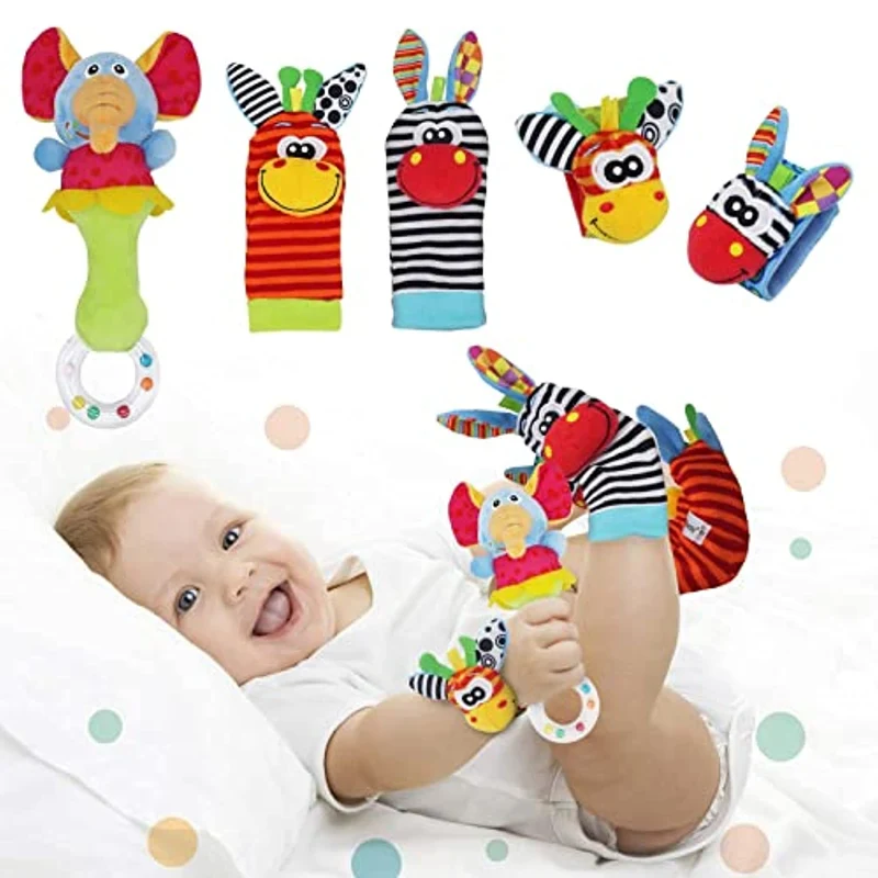 Synchain Baby Rattle Toy Neonato, 5 Pack Neonato Sonagli Calzini Polso,Simpatici Animaletti Developmental Soft Toys Bambole per Neonati 0-12 Mesi Bambini