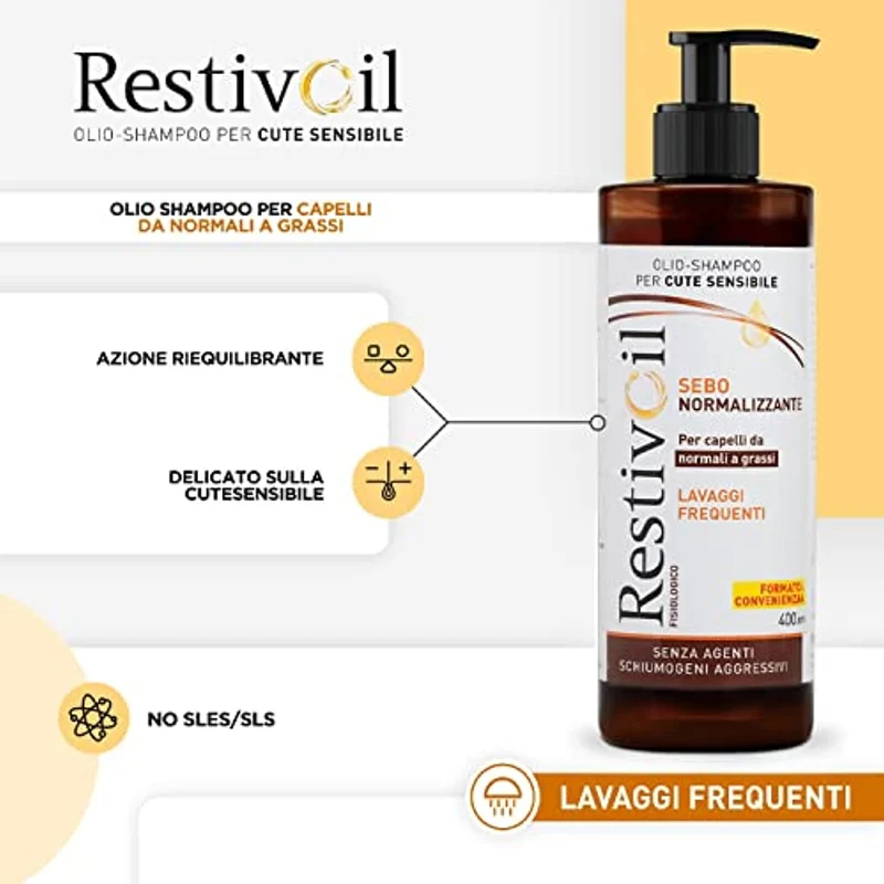 RestivOil Fisiologico Shampoo Nutriente per Capelli, Olio Fisiologico con Azione Idratante Protettiva e Riparatrice, per Capelli da Normali a Grassi, 400 ml