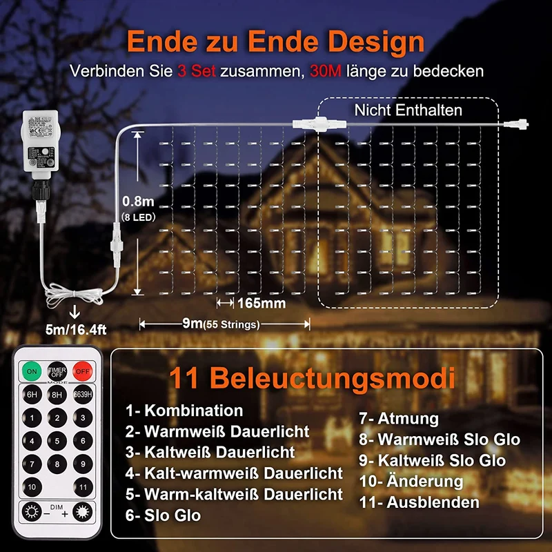 Luci Natale Esterno Cascata ECOWHO 440 LEDs Tenda Luminosa Bianco Caldo e Bianco Freddo,9x0,8m Luci di Natale 11 Modalità con telecomando, Catena Luminosa esterno per Natale patio Giardino Matrimonio