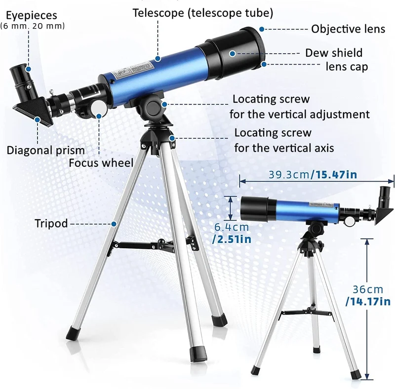 Telescopio Astronomico 50/360 mm Telescopio per Bambini Ingrandimenti 18x e 60x, Treppiede Portatile in Alluminio (36cm), Guarda la Luna, Regali di Compleanno, Regali di Natale per Bambini
