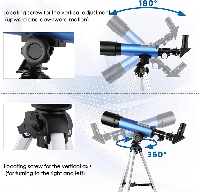 Telescopio Astronomico 50/360 mm Telescopio per Bambini Ingrandimenti 18x e 60x, Treppiede Portatile in Alluminio (36cm), Guarda la Luna, Regali di Compleanno, Regali di Natale per Bambini