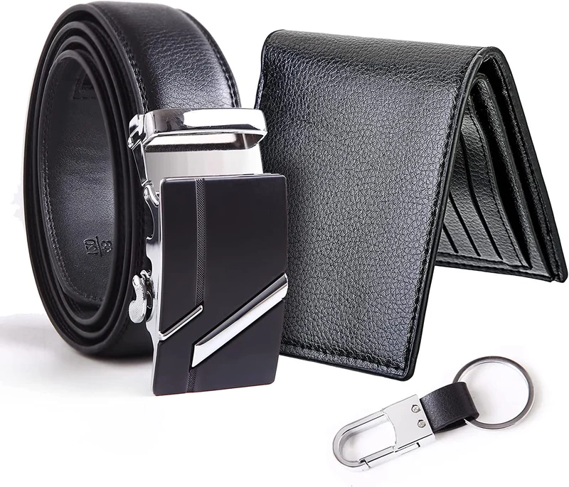 WOTENCE Set Regalo Uomo Regalo per Uomo ,Cintura in pelle+Portafoglio+Portachiavi, Regalo Uomo Compleanno Regalo di Natale San Valentino Regalo Papà
