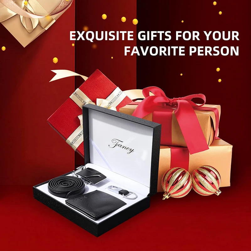 WOTENCE Set Regalo Uomo Regalo per Uomo ,Cintura in pelle+Portafoglio+Portachiavi, Regalo Uomo Compleanno Regalo di Natale San Valentino Regalo Papà