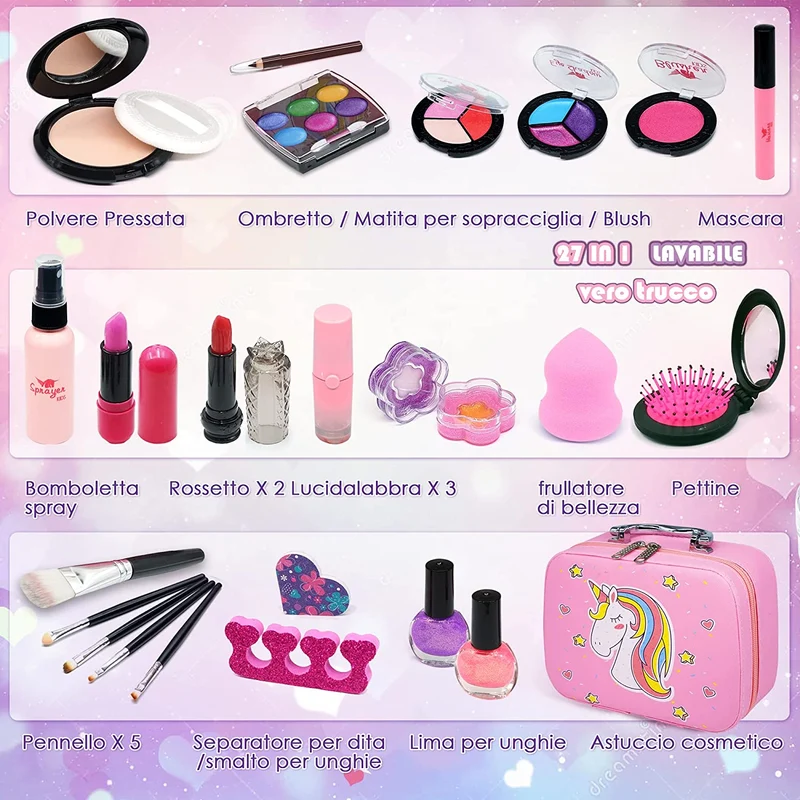 Amerrly Trucchi Bambina Set - 27 Pezzi Trucchi Bambina Anallergici Unicorni Giocattoli Bambina, Valigetta Trucchi Bambina, Giochi Bambina, Regali di Compleanno di Natale per Ragazze 4 5 6 7 8 9