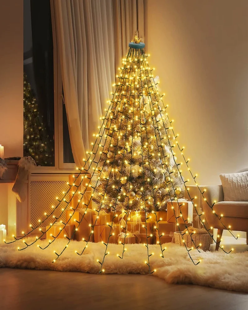 Dekofun Luci Albero di Natale 400 LED 2m x 16 Fili Mantello luminoso di Natalizie, 8 Modalità Cascata Luci Natale Impermeabili per Albero, Giardino, Interno Esterno Decorazioni - Bianco Caldo