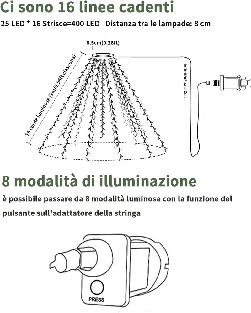 Dekofun Luci Albero di Natale 400 LED 2m x 16 Fili Mantello luminoso di Natalizie, 8 Modalità Cascata Luci Natale Impermeabili per Albero, Giardino, Interno Esterno Decorazioni - Bianco Caldo