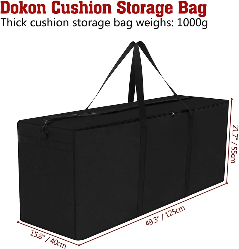 Dokon Borsa per Cuscini Giardino, Custodia per Albero di Natale, Impermeabile, Antivento, Anti UV Tessuto Oxford 600D Resistente Borsa Portaoggetti Cuscini da Esterno, Grande (125x40x55cm) - Nero
