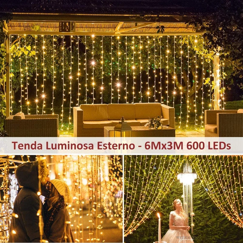 600 LED 6Mx3M Zorela Tenda Luminosa Natale Esterno Interno Prolungabile Luci di Natale 8 Modalità Tenda Luminosa Esterno Tenda di Luci IP44 Impermeabile per Natale, Giardino, Matrimonio - Bianco Caldo