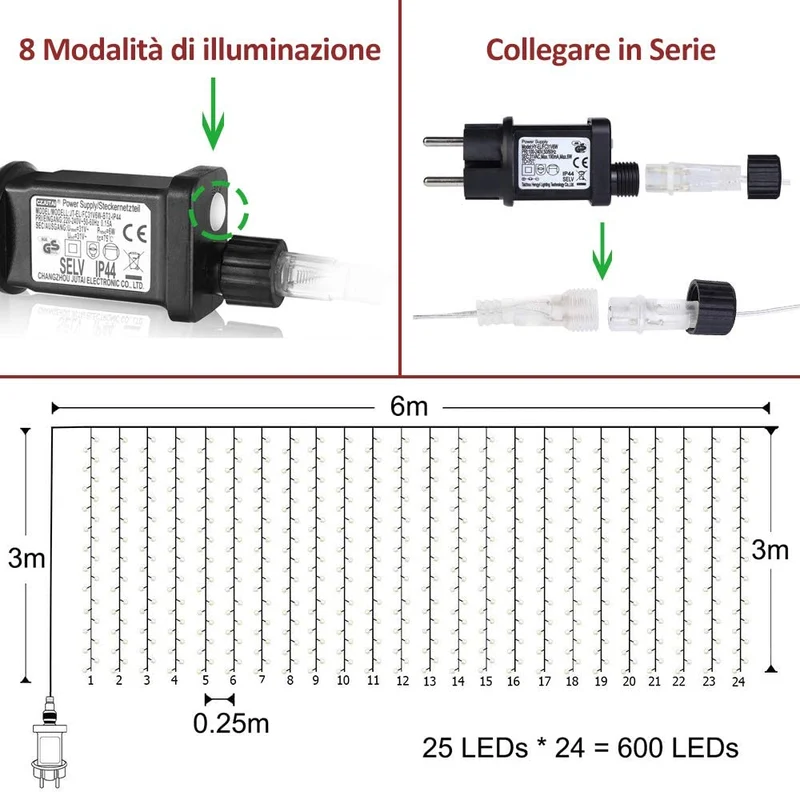600 LED 6Mx3M Zorela Tenda Luminosa Natale Esterno Interno Prolungabile Luci di Natale 8 Modalità Tenda Luminosa Esterno Tenda di Luci IP44 Impermeabile per Natale, Giardino, Matrimonio - Bianco Caldo