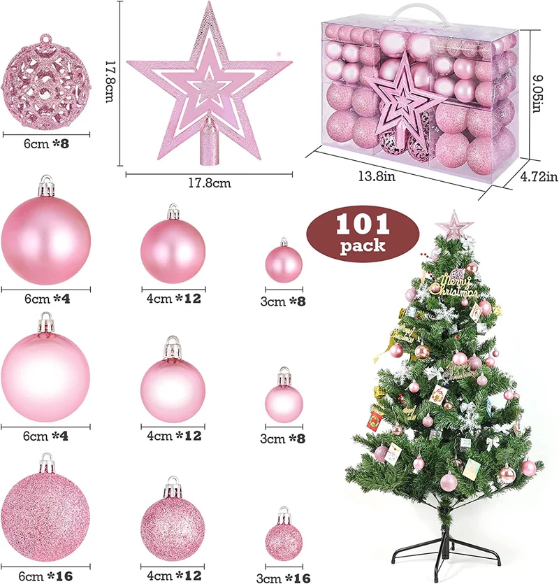 Palline di Natale Rosa 101 pezzi, Set Palline Albero di Natale, Natale Decorazioni Albero, Ornamenti Decorativi