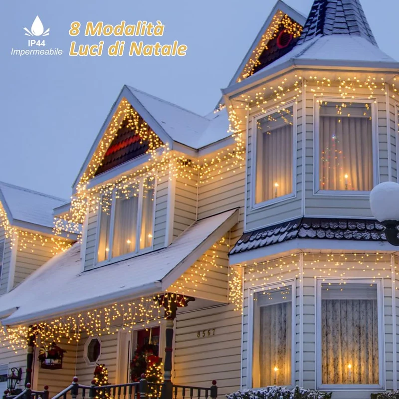 Zorela Luci Natale Esterno Cascata 10M 400 LED Tenda Luminosa Esterno Natale Prolungabile Luci di Natale Cascata di Stalattiti con 8 Modalità Impermeabile per Balcone, Tetto, Giardino - Bianco Caldo