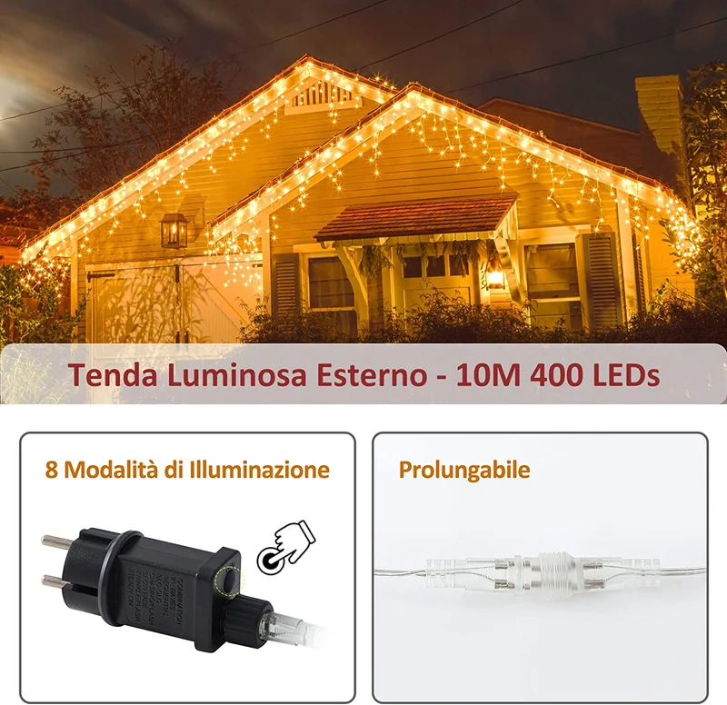 Zorela Luci Natale Esterno Cascata 10M 400 LED Tenda Luminosa Esterno Natale Prolungabile Luci di Natale Cascata di Stalattiti con 8 Modalità Impermeabile per Balcone, Tetto, Giardino - Bianco Caldo