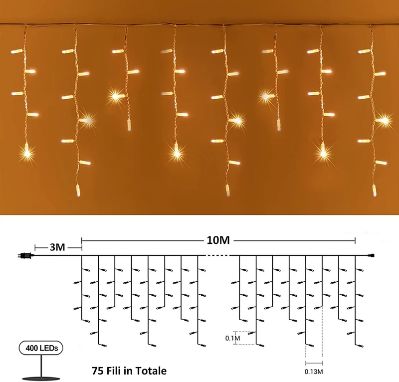 Zorela Luci Natale Esterno Cascata 10M 400 LED Tenda Luminosa Esterno Natale Prolungabile Luci di Natale Cascata di Stalattiti con 8 Modalità Impermeabile per Balcone, Tetto, Giardino - Bianco Caldo