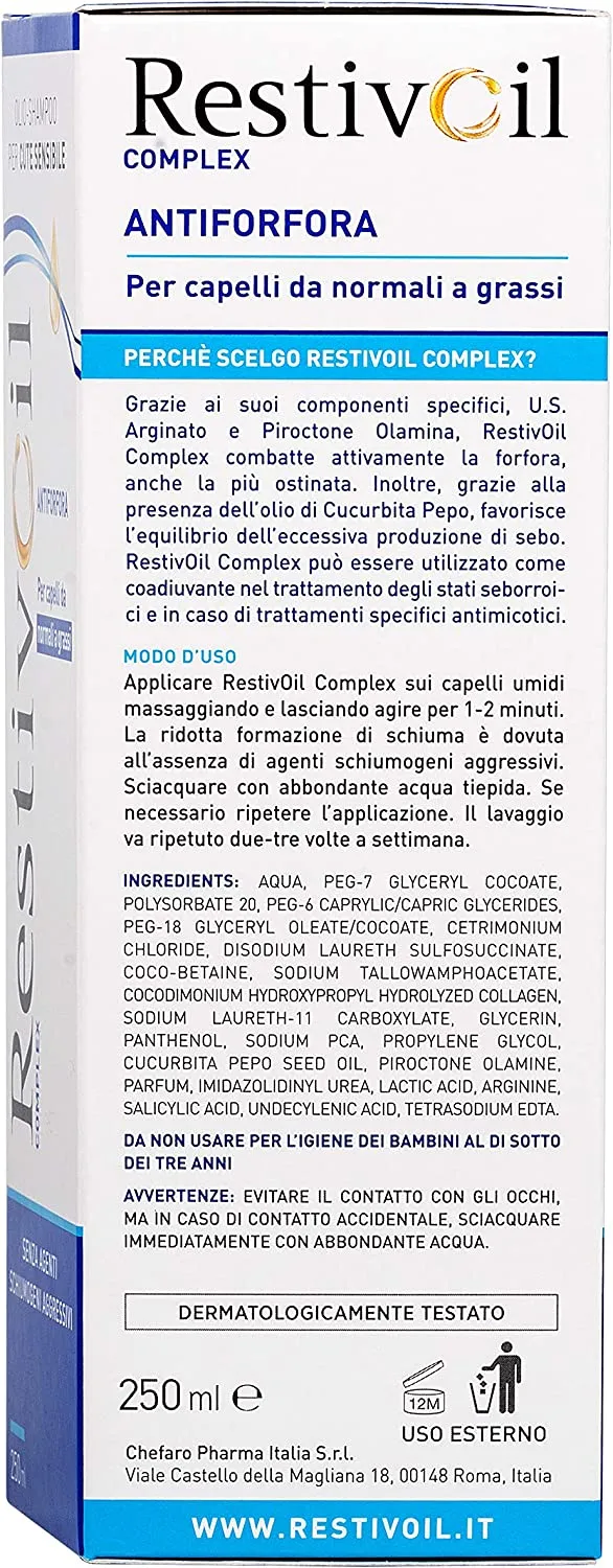RestivOil Complex Shampoo Antiforfora per Capelli da Normali a Grassi, Olio Fisiologico con Azione Antiseborroica e Anti Prurito, 250 ml