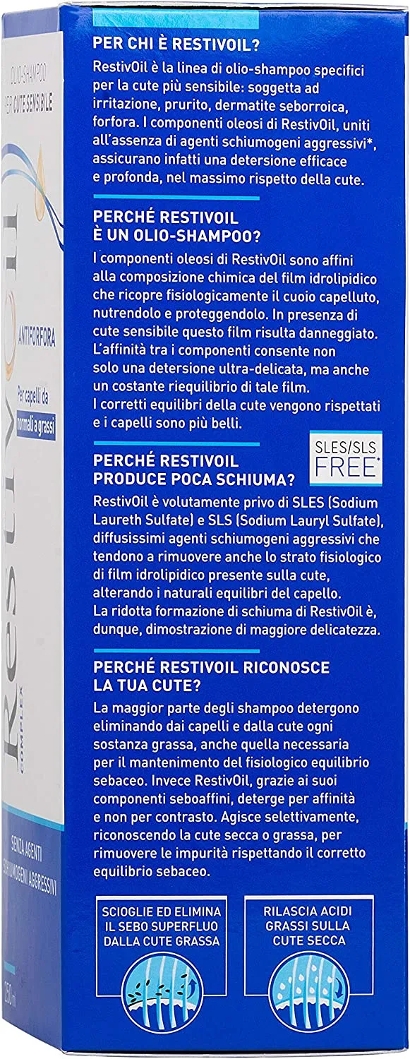 RestivOil Complex Shampoo Antiforfora per Capelli da Normali a Grassi, Olio Fisiologico con Azione Antiseborroica e Anti Prurito, 250 ml