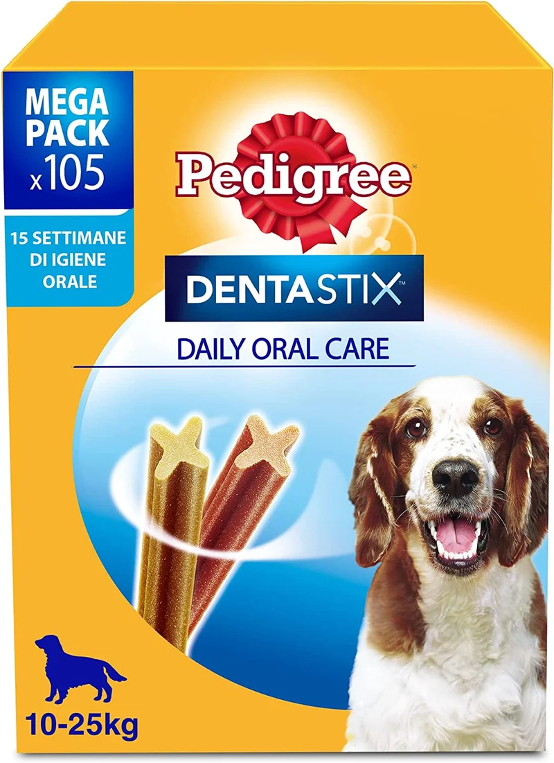 Pedigree Dentastix Snack per la Igiene Orale (Cane Medio 10-25 kg), 180g 105 Pezzi - 15 Confezioni da 7 pezzi (105 Pezzi totali)
