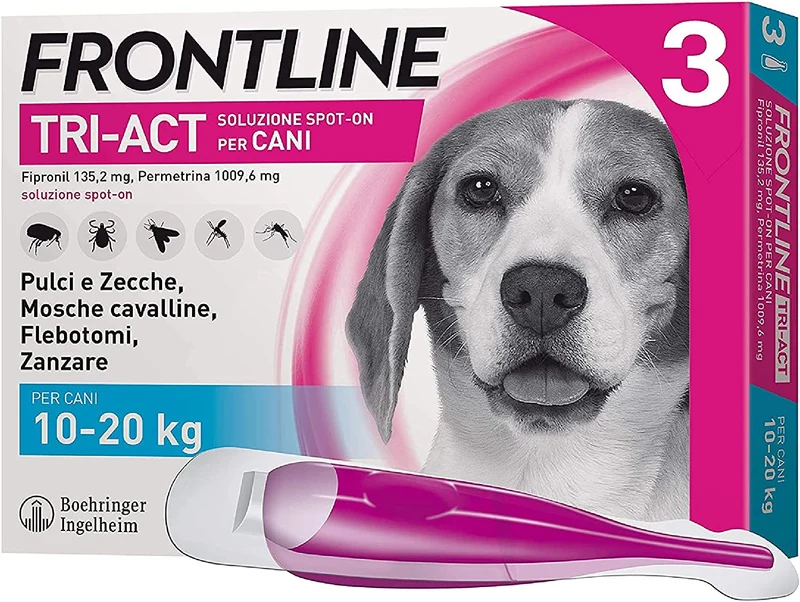 Frontline Triact, 3 Pipette, Cane L (20 - 40 Kg), Antiparassitario per Cani e Cuccioli di Lunga Durata, Protegge il Cane da Pulci, Zecche, Zanzare, Pappataci e Leishmaniosi, Antipulci 3 Pipette