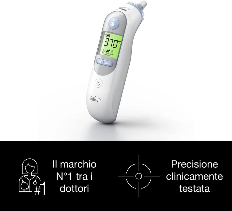Braun IRT6520 ThermoScan 7 Age Precision – Termometro Auricolare a Infrarossi, 0 mesi +, 21 coprilenti, Display con codice colore, Bianco