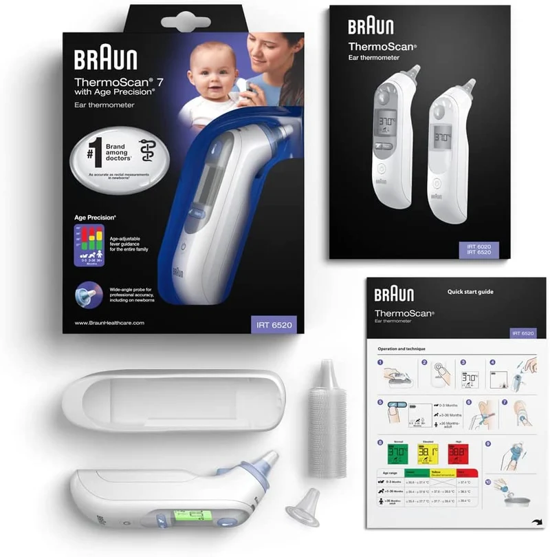 Braun IRT6520 ThermoScan 7 Age Precision – Termometro Auricolare a Infrarossi, 0 mesi +, 21 coprilenti, Display con codice colore, Bianco