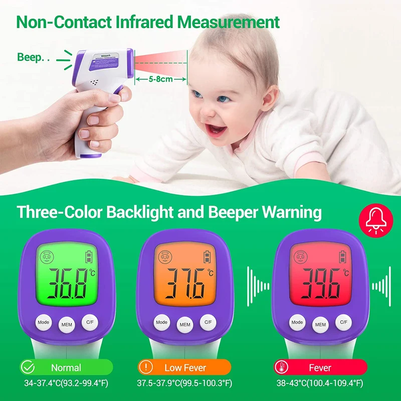 Wawech Termometro febbre infrarossi 2 in 1 Termometro frontale professionale a distanza 5-8CM Termometro digitale febbre Beeper per adulti neonati bambini