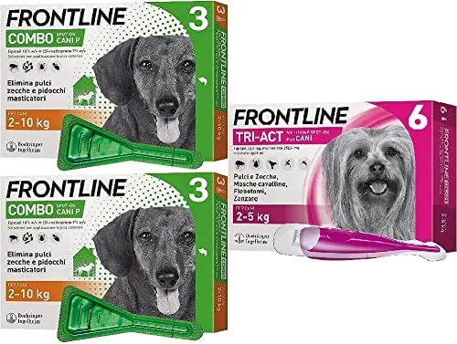 Frontline Combo, 3 Pipette, Cane Taglia S (2 - 10 Kg), Antiparassitario per Cani e Cuccioli di Lunga Durata, Protegge il Cane e Anche la Casa da Pulci, Zecche, Uova e Larve, Antipulci 3 Pipette