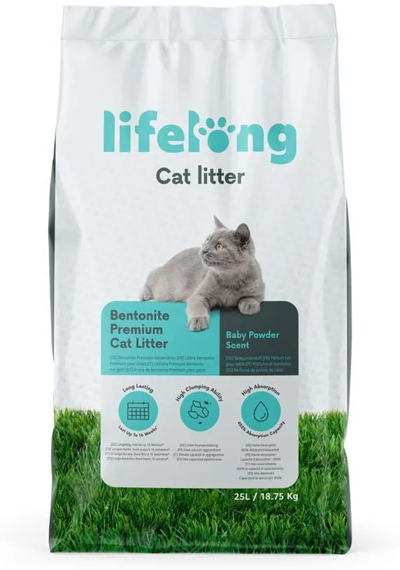 Marchio Amazon Lifelong Lettiera per gatti, bentonite premium al profumo di borotalco 10L